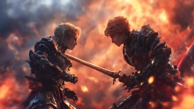 Epic Clash: Two Armored Fantasy Warriors Engage in a Sword Fight Against a Fiery, Dramatic Battle Background.