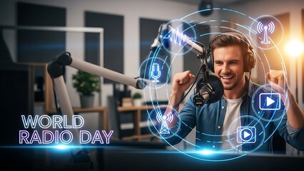 Man celebrating world radio day in a radio studio with headphones on