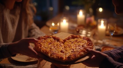 a couple sharing a heart-shaped pizza under dim candlelight, Valentine's Day dinner, 8k, realistic, full ultra HD, high resolution, cinematic photography