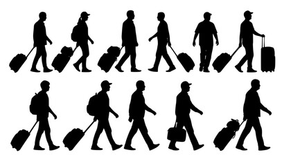 silhouettes of people walking , Silhouettes of people walking with luggage and bags travel on transparent background , no background