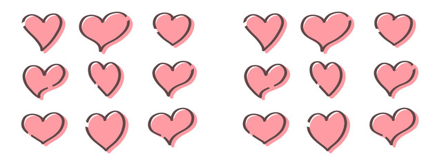 Hand Drawn Pink Heart Icons Set with Black Outline Scribble Style on White Background