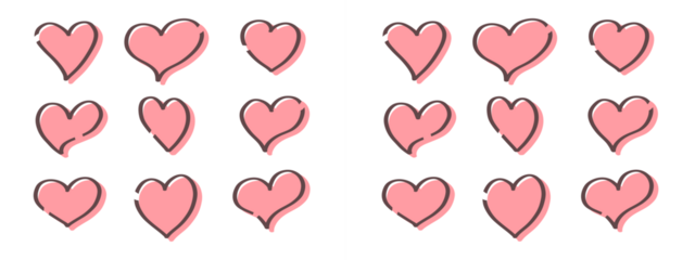 Hand Drawn Pink Heart Icons Set with Black Outline Scribble Style on White Background