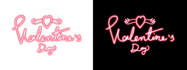 Neon Pink Valentine's Day Hand Lettering Typography with Heart Icon and Wings