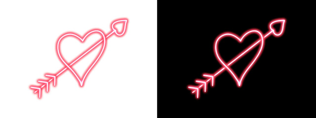 Neon Pink Heart with Cupid Arrow Icon Set on White and Black Background