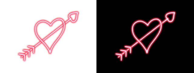 Neon Pink Heart with Cupid Arrow Icon Set on White and Black Background