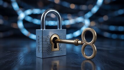 Digital Security Lock and Antique Key - Cybersecurity and Data Protection Concept