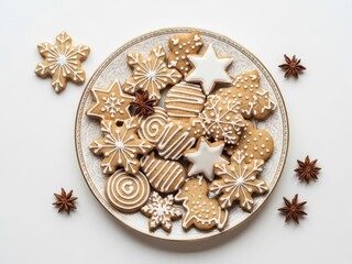 A plate of assorted christmas cookies isolated on white background with star anise spices