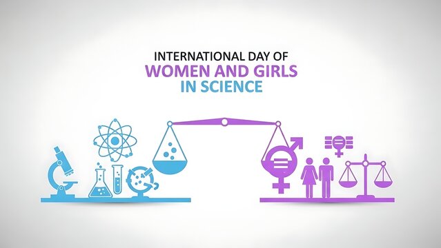 International day of women and girls in science celebration with icons and symbols representing equality and stem education - Powered by Adobe