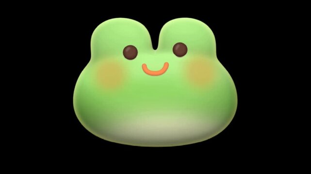 Cute green cartoon frog face smiling on dark background, soft 3D animation loop, kids mascot character clip for fun media