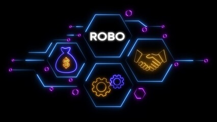Neon hexagons with robo text and business on black background
