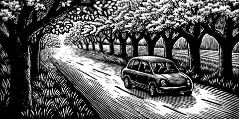 Spring Blossom Drive: Compact Car Among Pink Cherry Trees