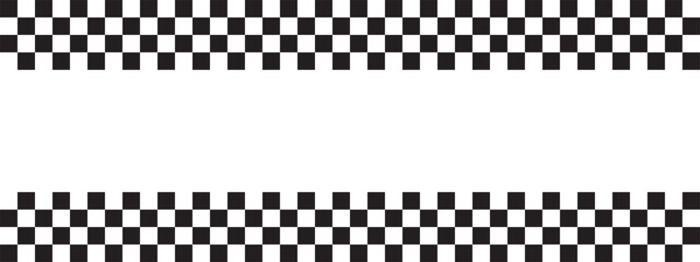 Top and bottom borders with rally flag or chess board print. Car sport game background with empty space. Black and white checkered pattern. Vector graphic illustration