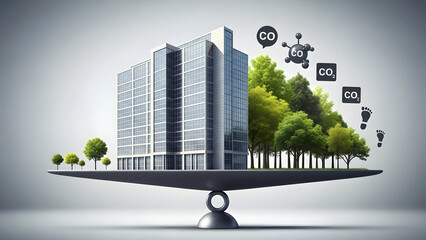 Corporate building balanced by growing trees and carbon icons, carbon offset strategy concept,