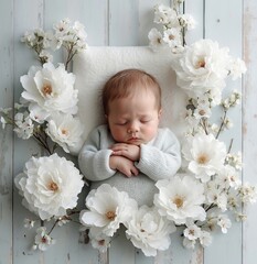 A baby sleeping on a white pillow surrounded by white flowers