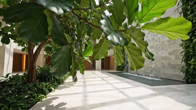 Sunlight filtering through indoor ficus tree leaves in luxury biophilic atrium