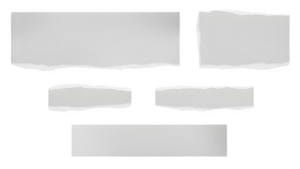 Five isolated white torn paper shapes on transparent background