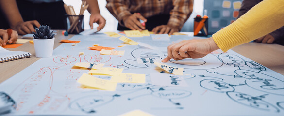 A diverse team engages in a lively brainstorming session, using sticky notes and large paper to generate and organize creative ideas in an inspiring office setting. SACTR © InfiniteFlow