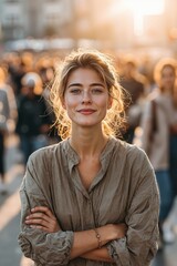 A woman standing in the middle of a crowded street with her arms crossed