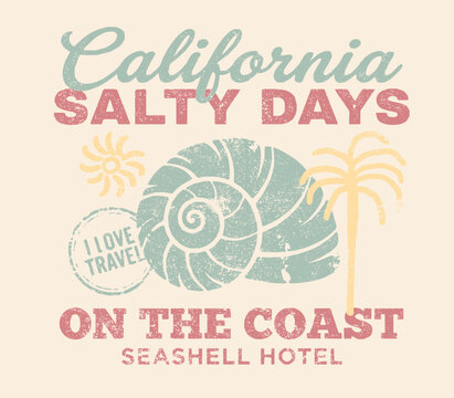 California Vintage Abstract palm tree and surfboard art. Coastal vibes. Summer good vibes vector graphic design for apparel, Sea shell drawing.