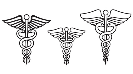 Set of three minimalist caduceus medical symbols with wings isolated