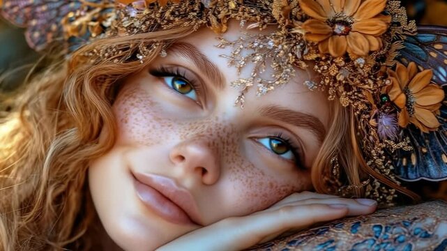 Serene spring maiden crowned with intricate golden foliage and vibrant blossoms gently slumbers, dreaming of nature's magical awakening during the vernal equinox