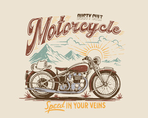 Hand drawing Motorcycel illustration. vintage  motor bike graphics in vector. cowboy cap with motorbike. tee t-shirt design . motor graphic tee.