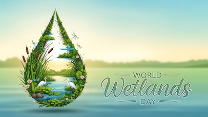 World wetlands day poster with a large teardrop shaped ecology scene