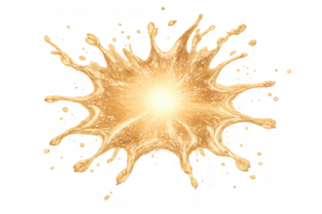 Golden liquid splashing outwards, creating a dynamic burst of fluid with a bright light radiating from the center, transparent background
