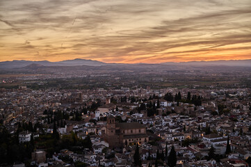 Obraz premium Sunset panoramic view of the Albaicin district from San Miguel Alto viewpoint in Granada
