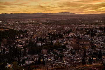 Fototapeta premium Sunset panoramic view of the Albaicin district from San Miguel Alto viewpoint in Granada