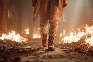 A person walking in front of a fire