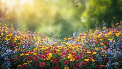 Fototapeta premium Brightly colored flowers of red, yellow, blue, and purple support pollination by insects and butterflies, garden setting