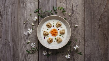 Sweet potato dumpling in coconut milk, Thai dessert on wooden surface with leaves and flowers, highlighting tropical ingredients and presentation