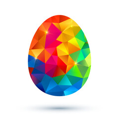 Low Poly Crystal Egg with Faceted Geometric Surface in Rainbow Colors, Modern Abstract Symbol of Creativity and Transformation