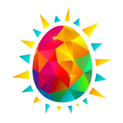 Geometric Crystal Egg with Radiant Sun Rays, Colorful Faceted Design Symbolizing Energy, Life, and Creativity