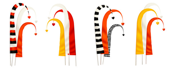 Traditional Balinese Penjor Festival Flags Set with Decorative Curved Bamboo Poles and Colorful Fabric Elements