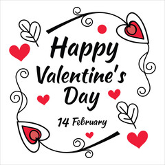 Happy Valentines Day greeting with red hearts and decorative swirls on white background