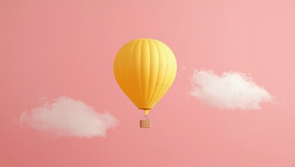 Naklejka premium Hot air balloon symbol in yellow on a pink background serving as an air travel icon, minimalist design