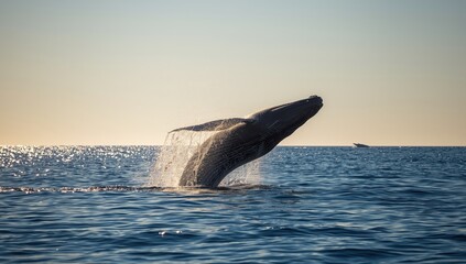 Fototapeta premium Humpback whale leaping from the water during migration, marine conservation awareness