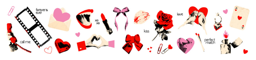 Love Valentine's day collage elements set. Halftone stickers with doodles Cut out red rose, pink hearts, lips, hands, bows, film strip frame. Modern retro vector illustration on transparent background