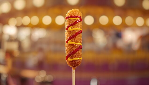 Natural corn dog skewered with condiments, emphasizing quick snack options