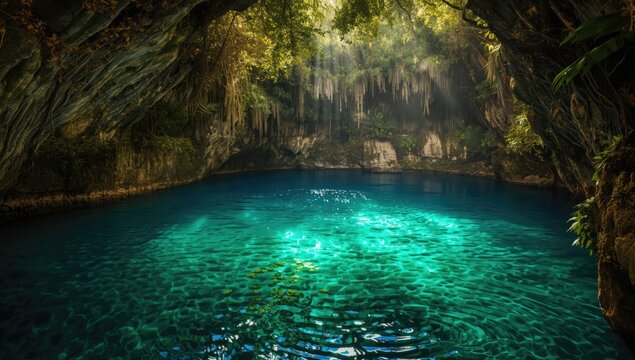 Yucatan regions Cuzama cenote filled with turquoise water, used for recreational swimming, Earth Day