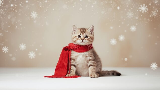 Cute feline dressed in a red winter scarf alongside Santa Claus on a light backdrop for festive pet attire, Christmas