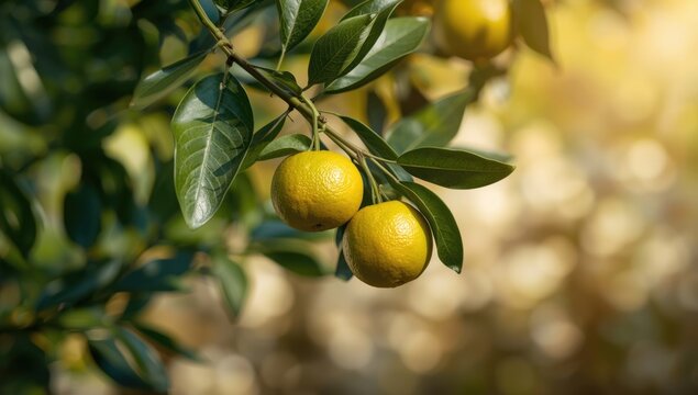 Fresh green oranges attached to a tree during summer, highlighting fruit ripening process