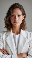 A woman in a white blazer with her arms crossed