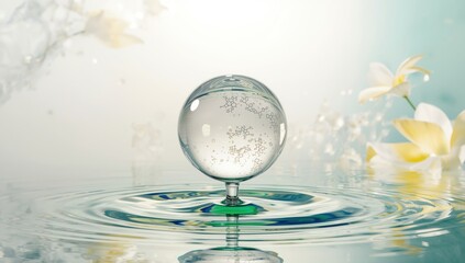 Skincare product featuring liquid bubbles and molecular structures on water surface, for topical formulation