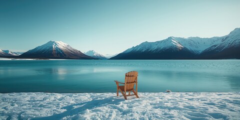 Quiet lakeside scene with icy shore and mountain snow caps, suitable for meditation backgrounds