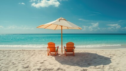 Pair of beach chairs under a sunshade, designed for rest and casual outdoor enjoyment, summer holiday © The 2R Artificiality
