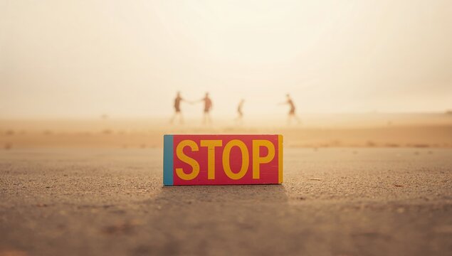 A vibrant wooden STOP sign block serving as a visual cue for safety awareness in learning environments