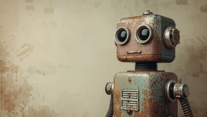 Cartoon robot illustration featuring a vintage-inspired grunge textured backdrop, suitable for visual storytelling